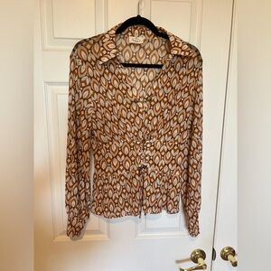 Brown and Tan Long Sleeve Tie Front Blouse